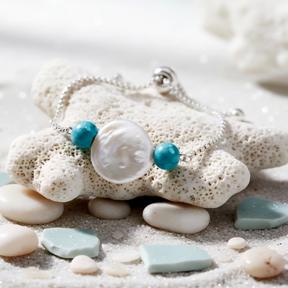 🆕️ Baroque Pearl Turquoise Beaded Adjustable Bracelet 18K White Gold Plated - Picture 9 of 10